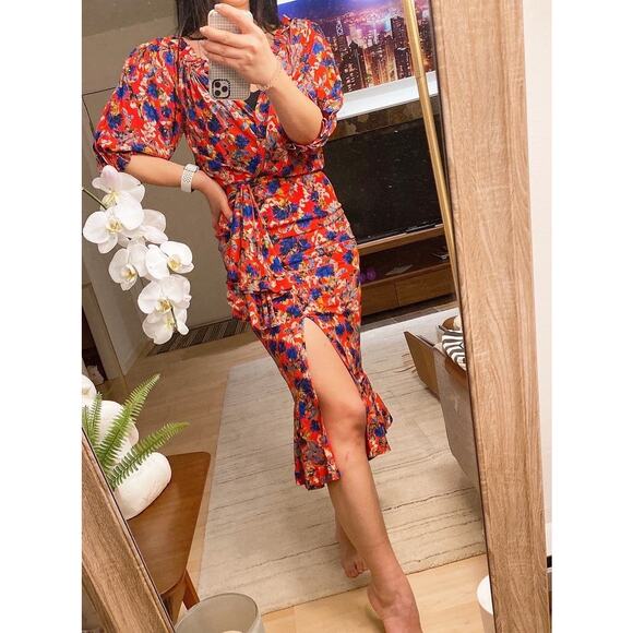 SALONI Red Floral Flame Azalea Olivia Tie-Waist 100% Silk Ruched Ruffles Dress 6 - Picture 1 of 16